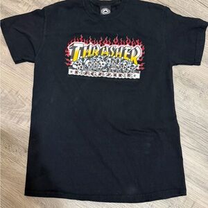 Thrasher Black Tee with Red and Yellow Graphic